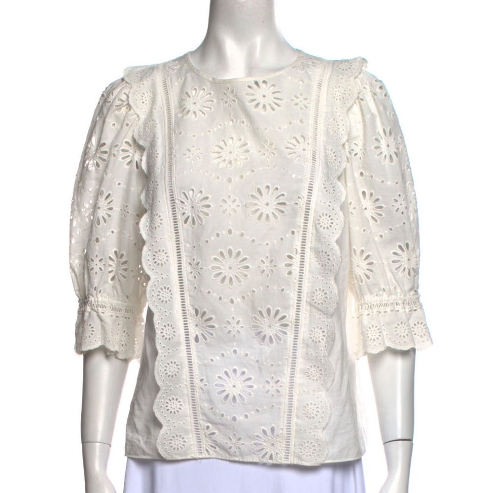 VERONICA BEARD Eyelet Lace Pattern Cream Ivory Bateau Neckline Blouse Small S 6